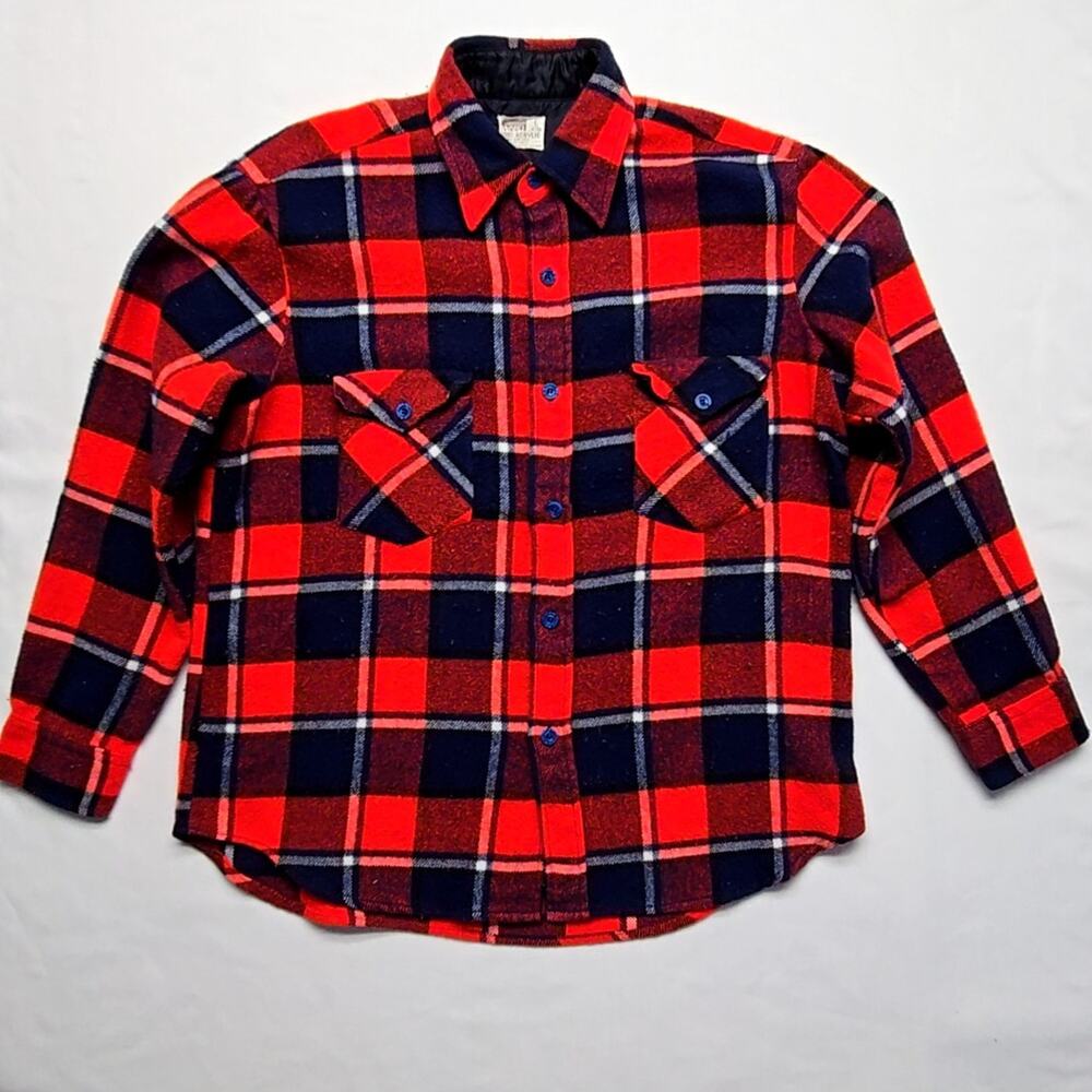 Vintage Montgomery Ward Plaid Flannel Shirt Red Navy Mens Large Button Up 90s
